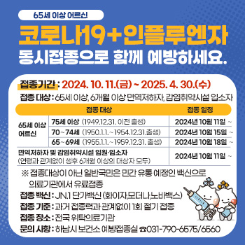 65세 이상 어르신 코로나19+인플루엔자 동시접종으로 함께 예방하세요.
○ 접종 기간 : 2024. 10. 11.(금) ~ 2025. 4. 30.(수)
○ 접종 대상 : 65세 이상, 6개월 이상 면역저하자, 감염취약시설 입소자
접종 대상, 접종 일정
65세 이상 어르신
 75세 이상  (1949.12.31. 이전 출생) 2024년 10월 11일 ∼ 2025년 4월 30일
 70∼74세  (1950.1.1.∼1954.12.31.출생) 2024년 10월 15일 ∼ 2025년 4월 30일
 65∼69세  (1955.1.1.∼1959.12.31. 출생) 2024년 10월 18일 ∼ 2025년 4월 30일
면역저하자 및 감염취약시설 입원·입소자 (연령과 관계없이 생후 6개월 이상의 대상자 모두) 2024년 10월 11일 ∼ 2025년 4월 30일
 ※ 접종대상이 아닌 일반국민은 민간 유통 예정인 백신으로 의료기관에서 유료접종
○ 접종 백신 : JN.1 단가백신 (화이자,모더나,노바백스)
○ 접종 기준 : 과거 접종력과 관계없이 1회 절기 접종
○ 접종 장소 : 전국 위탁의료기관   
○ 문의 사항 : 하남시 보건소 예방접종실 ☎031-790-6575/6560